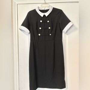 Shelby & Palmer Sz Large 10 Black dress white collar Gold buttons LBD
